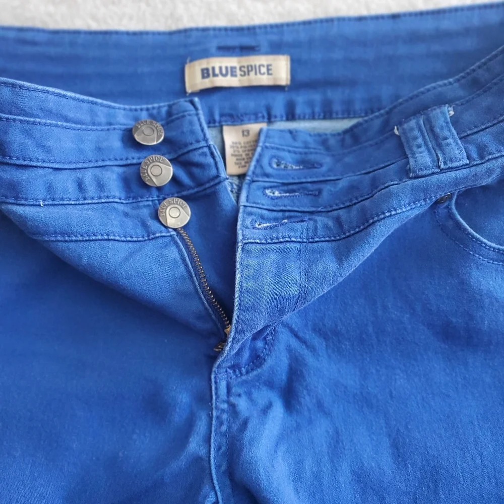 Blue Spice 13 Blue Skinny Ankle Mid Rise Pants Five Pockets Colorful Festive Fun